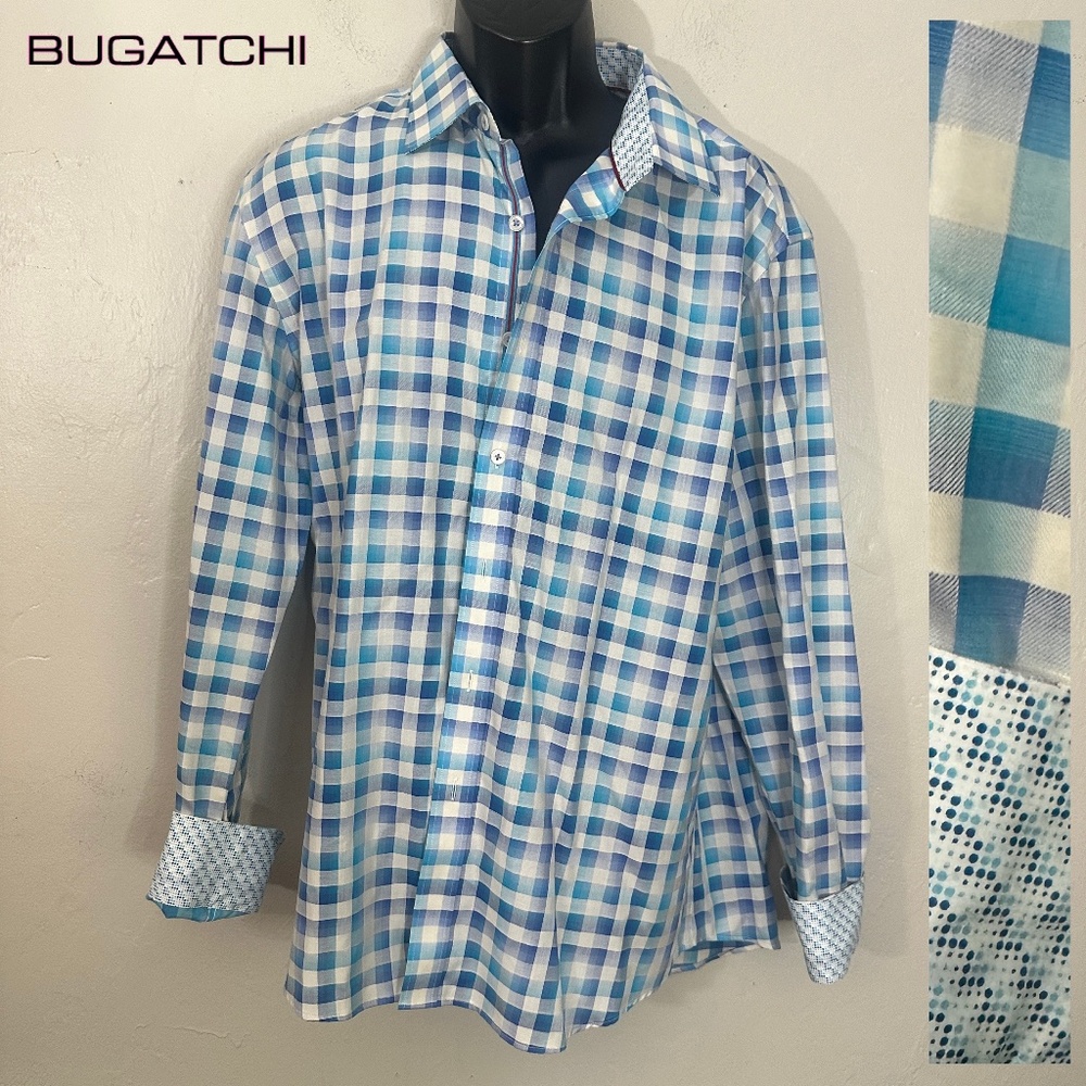 Bugatchi Blue and White Plaid Casual Button Down Shirt